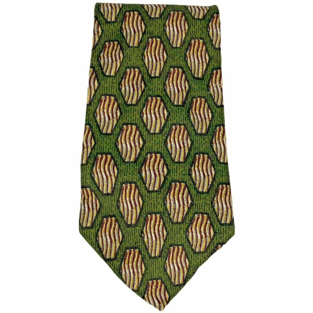 Calvin Klein Green Tan Geometric 100% Silk‎ Tie